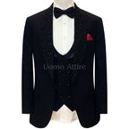 Latest designed customized black tuxedo 3 piece suit, black tuxedo suit, black tuxedo suit with embellished shawl and shawl lapel double-breasted vest