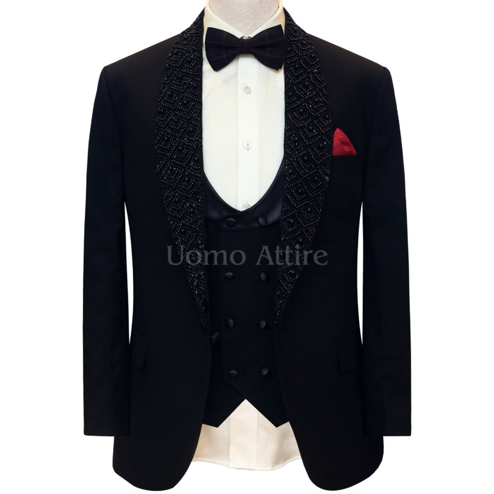 Latest designed customized black tuxedo 3 piece suit, black tuxedo suit, black tuxedo suit with embellished shawl and shawl lapel double-breasted vest