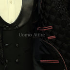 Latest designed customized black tuxedo 3 piece suit, black tuxedo suit, black tuxedo suit with embellished shawl and shawl lapel double-breasted vest