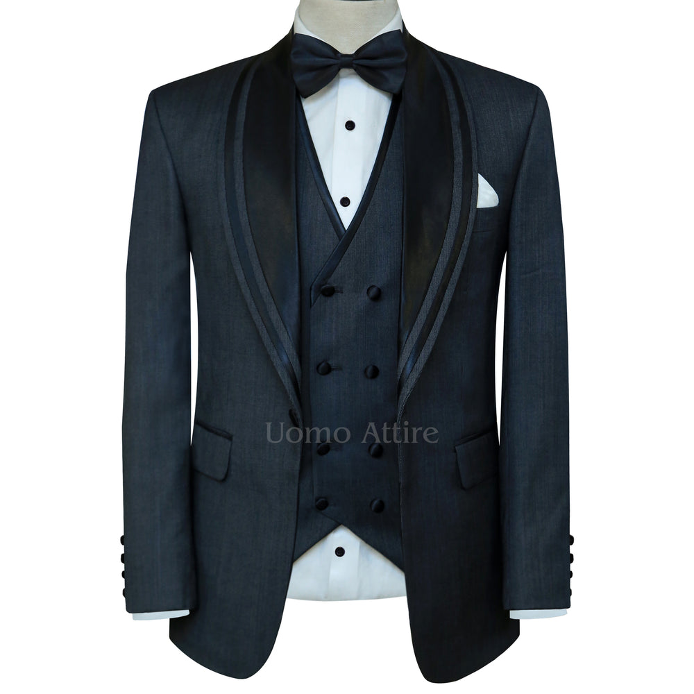 Tailor-made tuxedo 3 piece suit with double breasted piping vest, tuxedo suit with double breasted vest, double piping shawl tuxedo