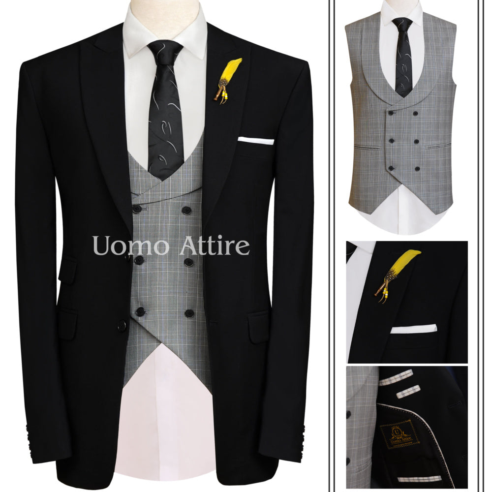 Customized three piece suit with U-shap double breasted vest