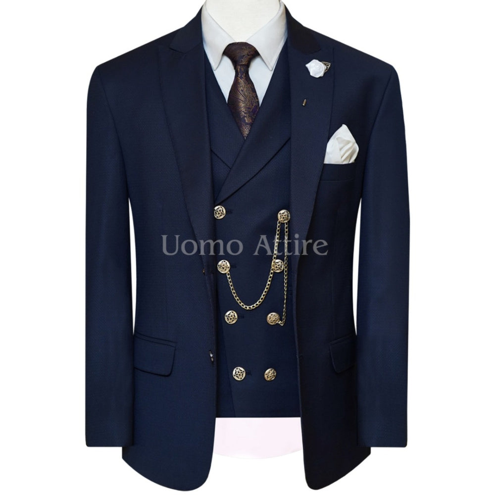 Navy blue slim fit bespoke wedding three piece suit