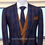 blue and brown check 3 piece suit with same fabric formal tie and pick stitch