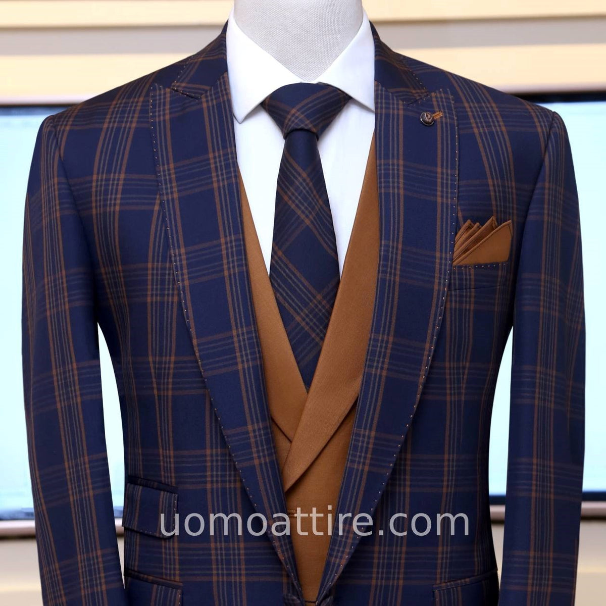 blue and brown check 3 piece suit with same fabric formal tie and pick stitch