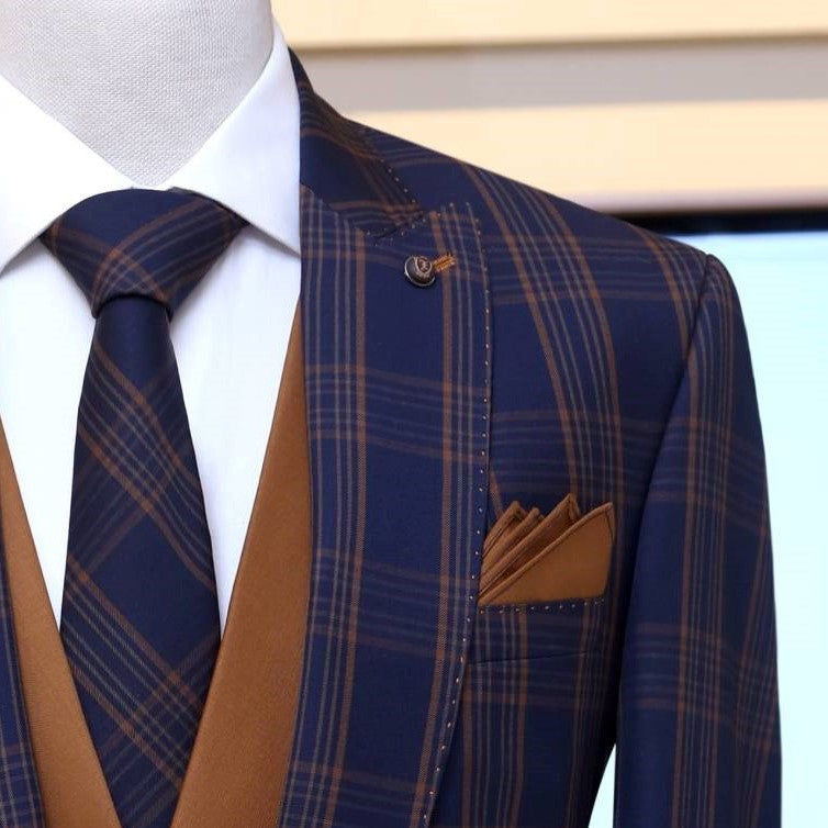 blue and brown check 3 piece suit vest matching pocket square