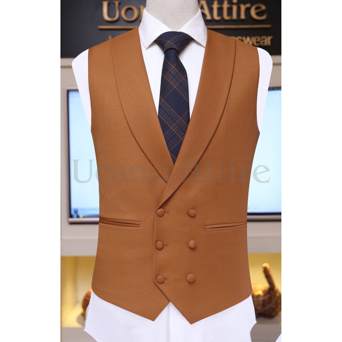 
                  
                    blue and brown check 3 piece suit with double breasted shawl lapel vest
                  
                