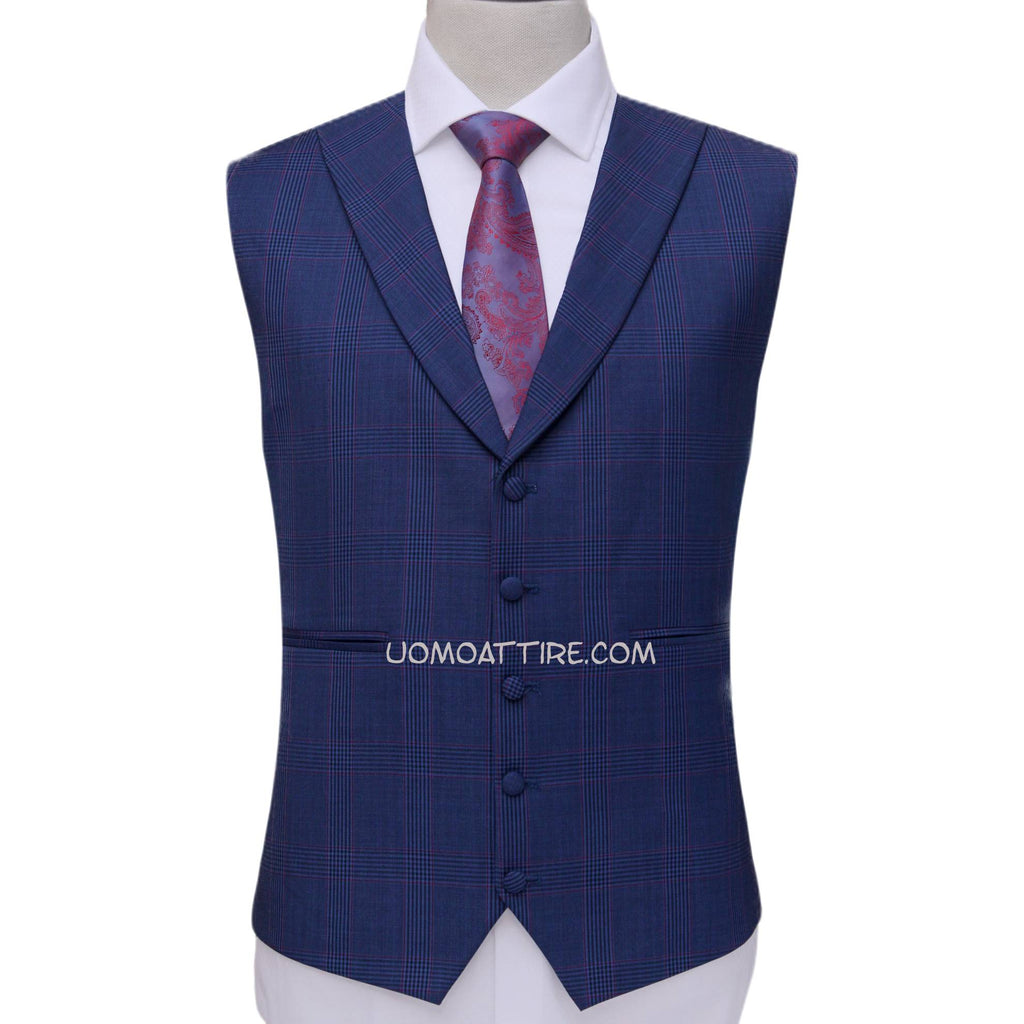 blue check three piece suit for men with same fabric single breasted shawl lapel vest