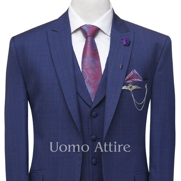 
                  
                    blue check 3 piece suit with shawl lapel vest and formal tie
                  
                