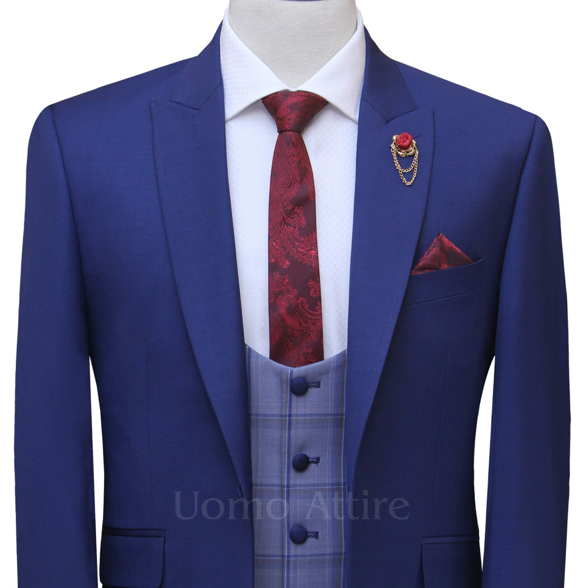 blue three piece suit for men with single breasted vest and jamawar formal tie and pocket square