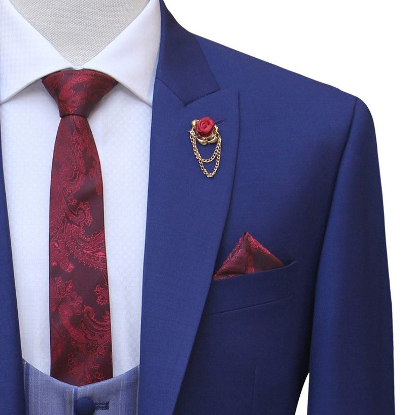 blue three piece suit for men with single breasted vest and jamawar formal tie and pocket square