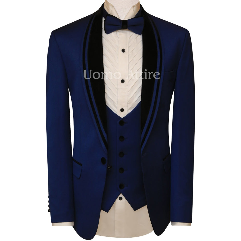 Tailored-made blue tuxedo three piece suit for elegent look, tuxedo suit, blue tuxedo suit, blue tuxedo suit with double piping wide shawl and signle breasted vest, blue suit, blue suit for men