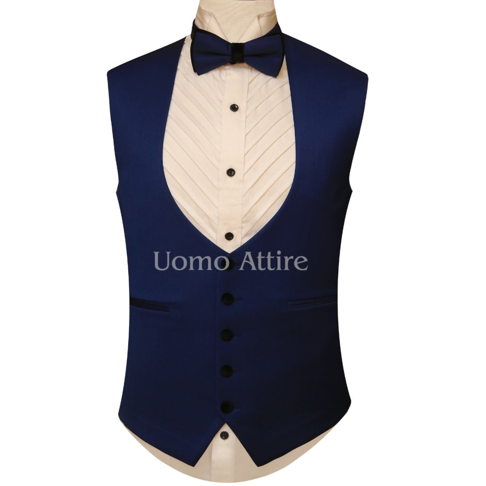 Tailored-made blue tuxedo three piece suit for elegent look, tuxedo suit, blue tuxedo suit, blue tuxedo suit with double piping wide shawl and signle breasted vest, blue suit, blue suit for men