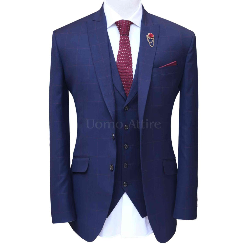 Blue three piece suit with red windowpane check – Uomo Attire