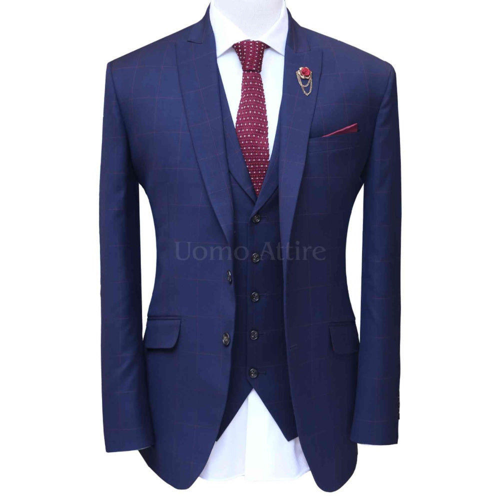
                  
                    Blue three piece suit with red windowpane check, blue suits for men
                  
                