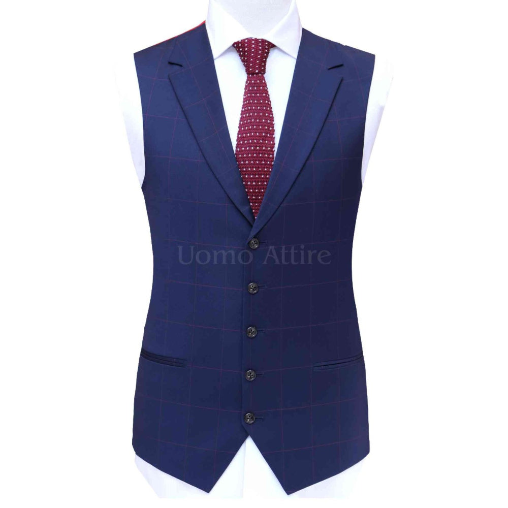 Blue three piece suit with red windowpane check vest, blue suits for men