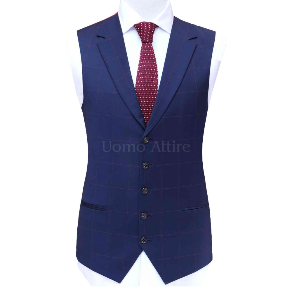 
                  
                    Blue three piece suit with red windowpane check vest, blue suits for men
                  
                