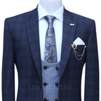 dark blue check three piece suit with double breasted vest and peak lapel shawl, 3 piece suit for men