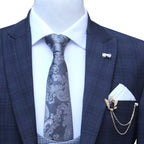 dark blue check three piece suit with double breasted vest and peak lapel shawl, 3 piece suit for men