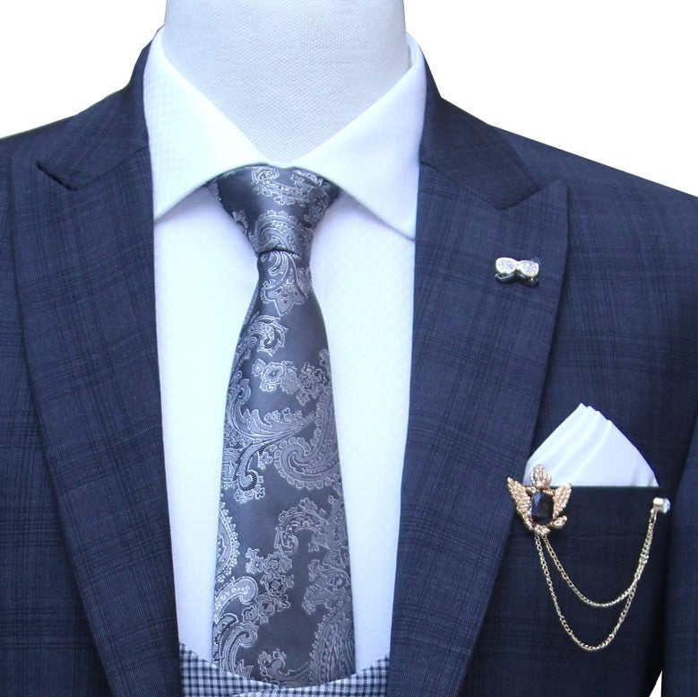 dark blue check three piece suit with double breasted vest and peak lapel shawl, 3 piece suit for men