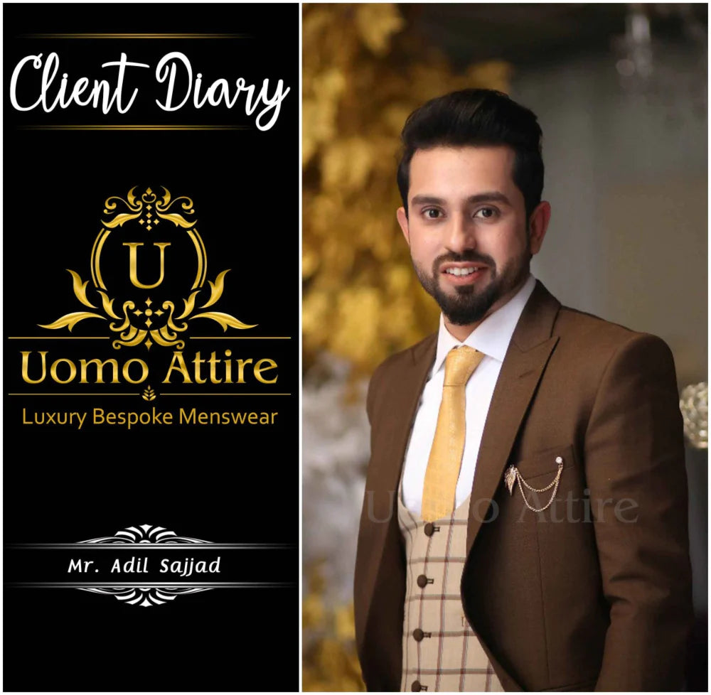 
                  
                    client mr adil sajjad in our brown 3 piece suit , Elegent three peice suit for men, brown 3 piece suit for men with single breasted check vest
                  
                