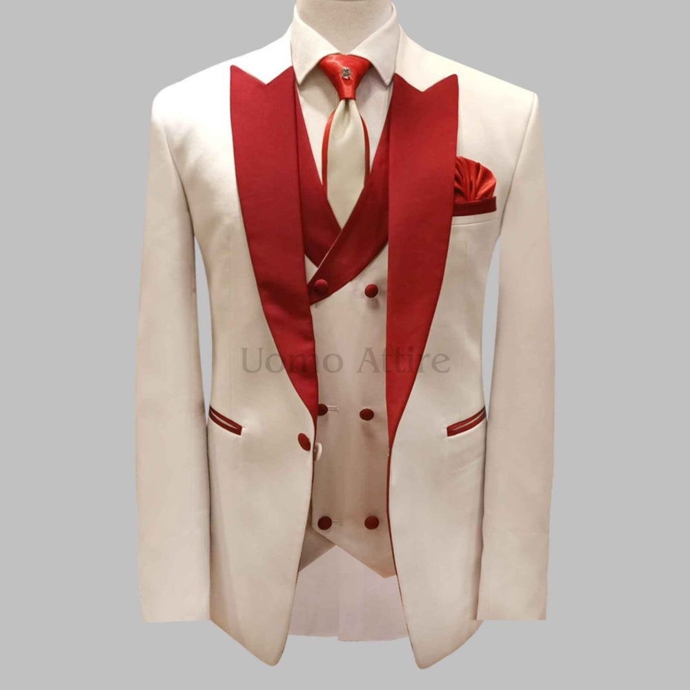 Custom-tailored slim fit tuxedo three piece suit with contrast shawl, tuxedo suit, tuxedo, tuxedo suit with contrast buttons and double-breasted vest