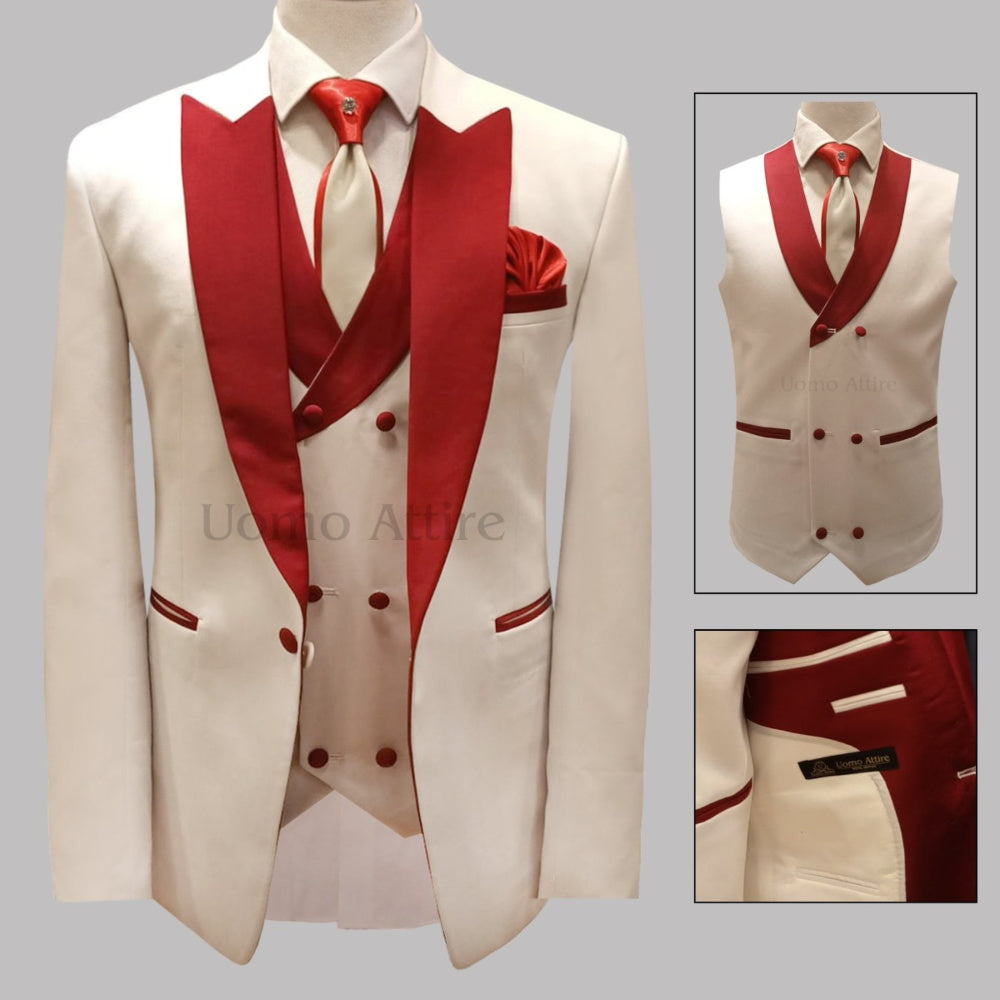 
                  
                    Custom-tailored slim fit tuxedo three piece suit with contrast shawl, tuxedo suit, tuxedo, tuxedo suit with contrast buttons and double-breasted vest
                  
                