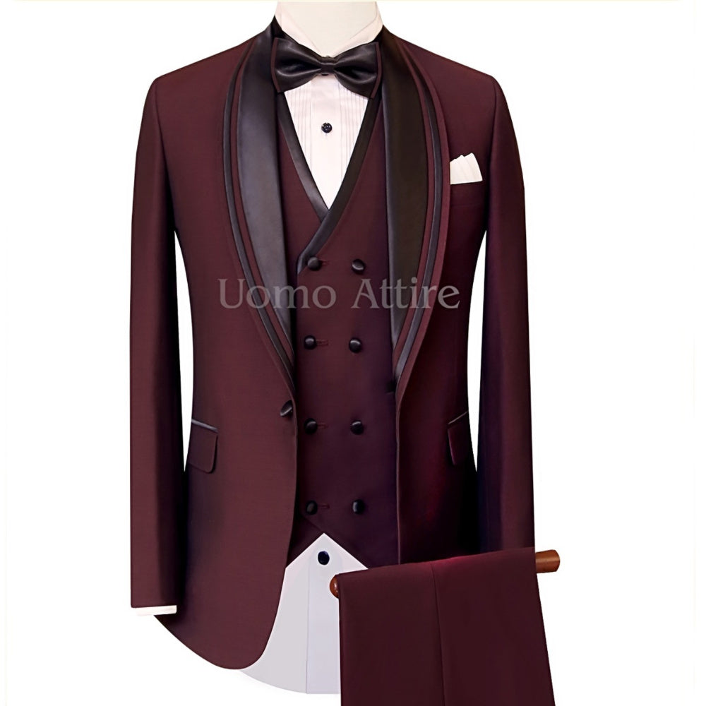 black rose color tuxedo three piece suit, tuxedo suit with double piping contrast wide shawl and double breasted piping vest