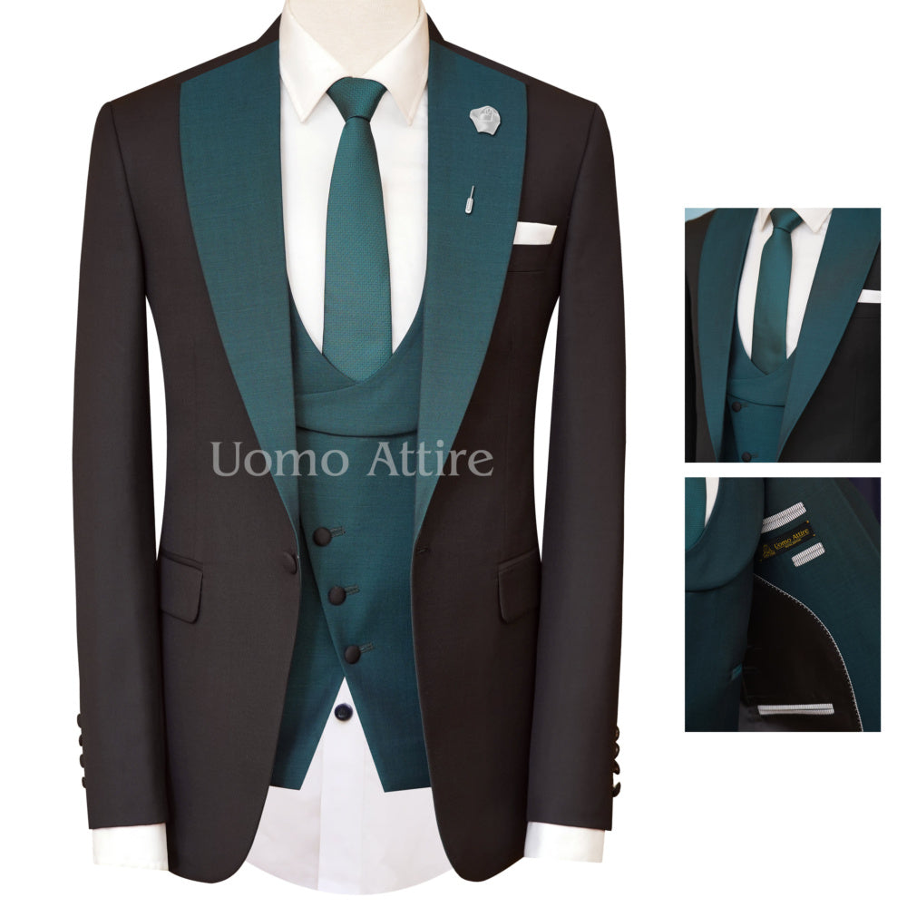 Customized tuxedo three piece suit for men, tuxedo suit with single button and cut style shawl lapel vest