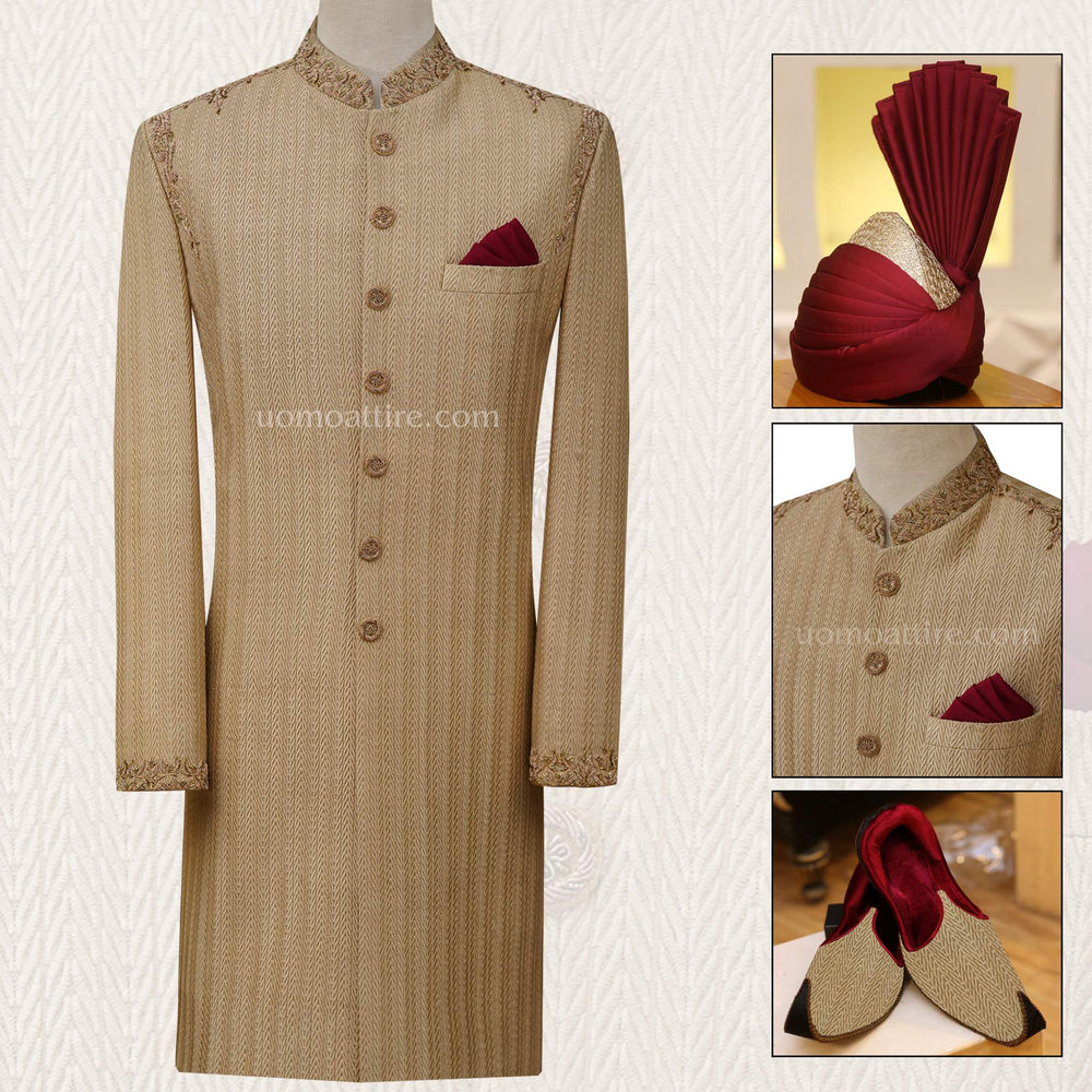 Fully embroidered with embellishment golden sherwani, golden sherwani for groom package