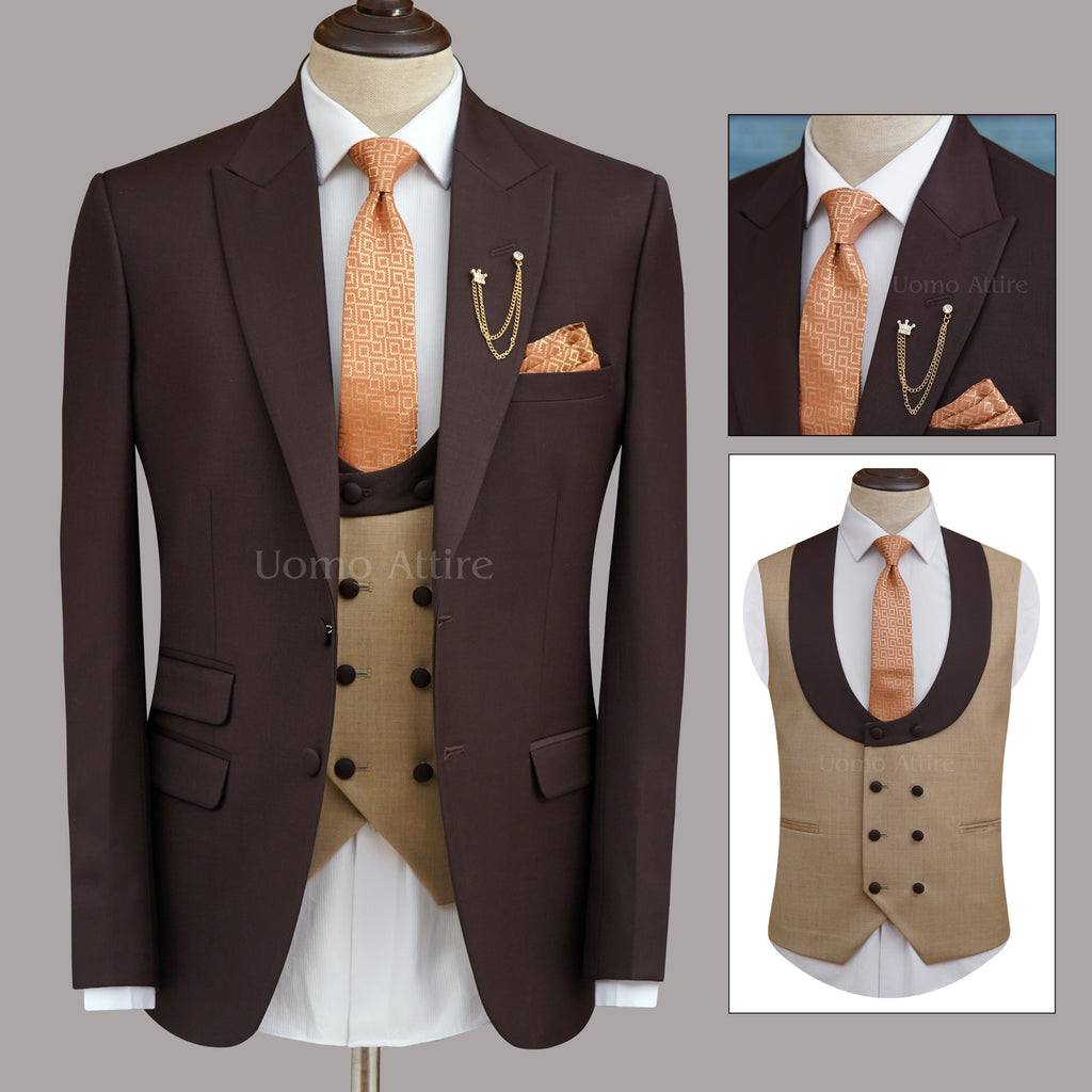 Burgundy 3 Piece Suit for Men with Tan Vest and Orange Tie | Burgundy Color Suit