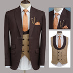 Burgundy 3 Piece Suit for Men with Tan Vest and Orange Tie | Burgundy Color Suit