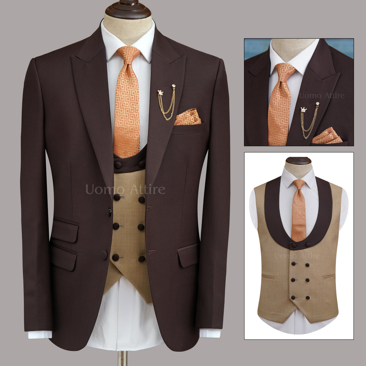 Burgundy 3 Piece Suit for Men with Tan Vest and Orange Tie | Burgundy Color Suit