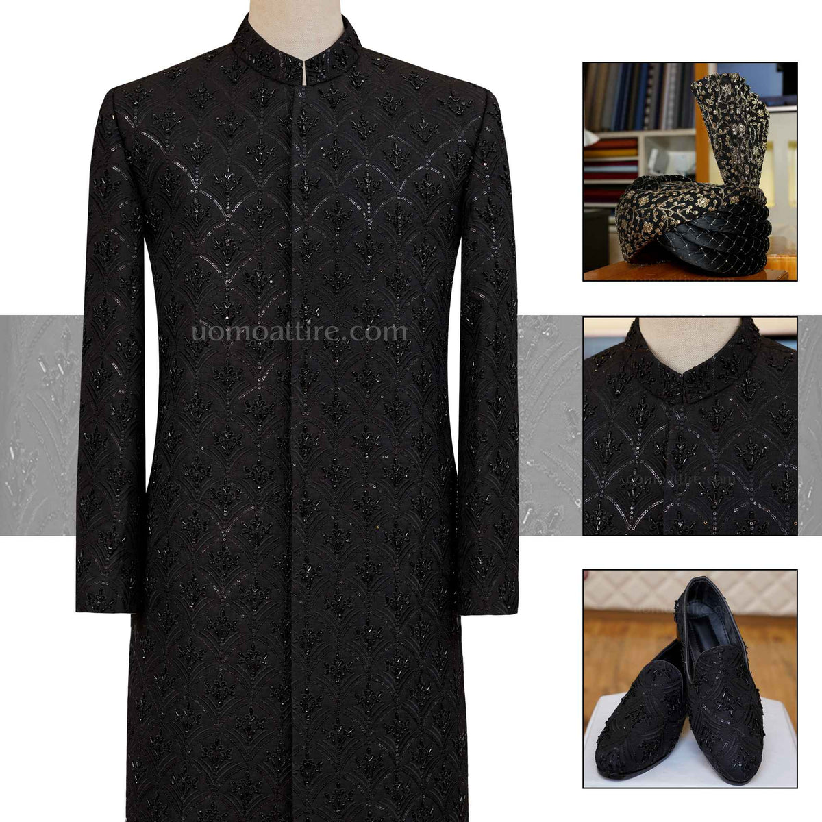 black fully embroidered sherwani | Black Wedding Sherwani for Groom