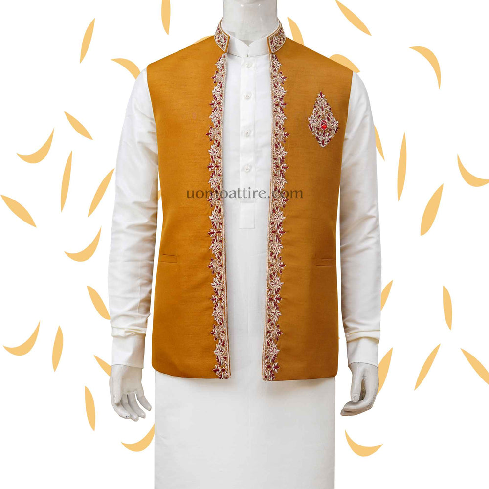 Customize mehndi waistcoat with micro embellishment | Waistcoat with Shalwar Kameez