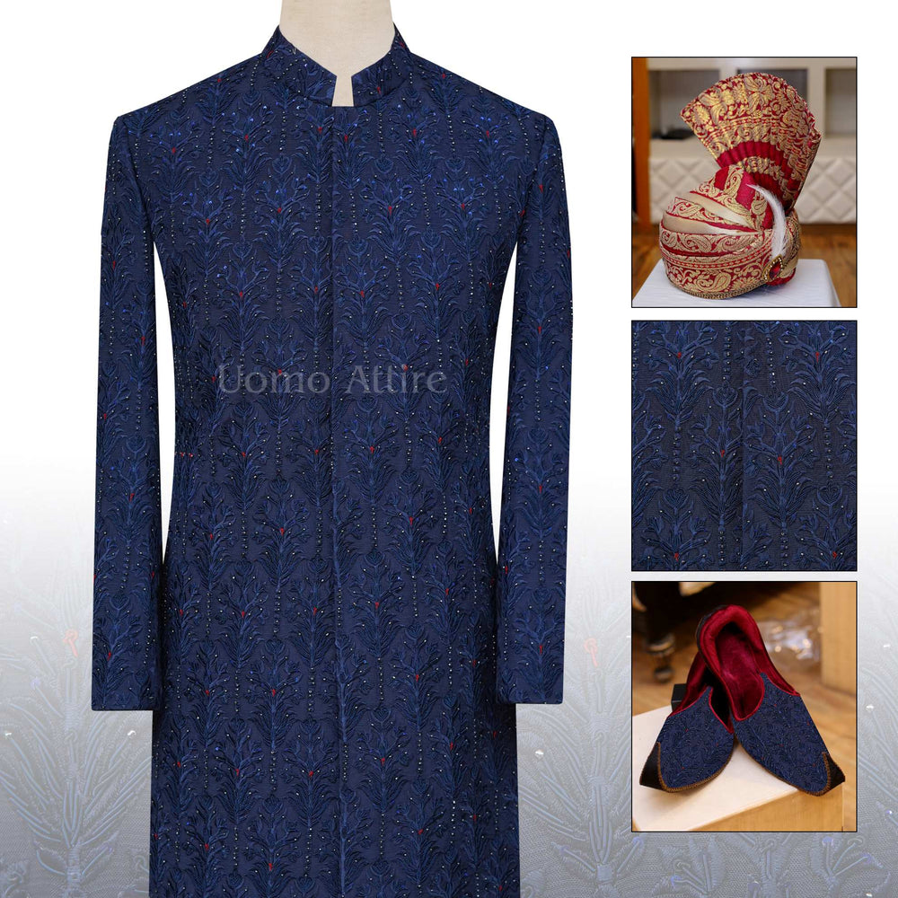 Blue fully embellished and embroidered sherwani