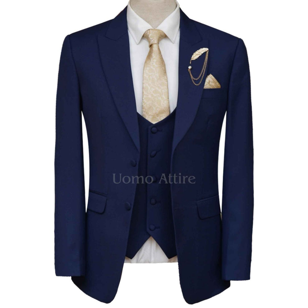 Custom-tailored navy blue three piece suit with single breasted vest, blue suits, navy blue suits for men