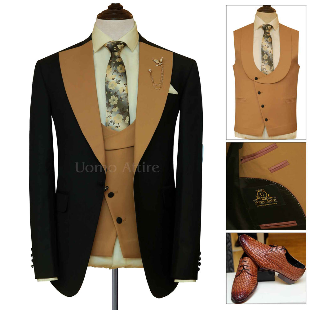 Tailored tuxedo 3 piece suit with stylish cut vest
