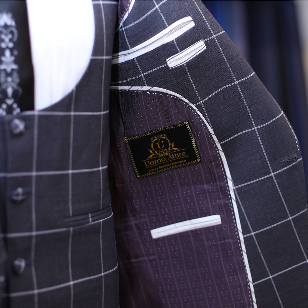 dark grey windowpane check 3 piece suit inside linning fashion