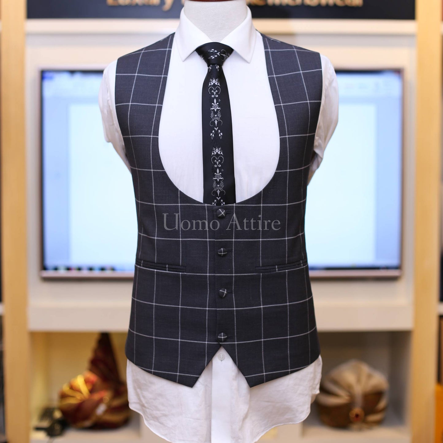 
                  
                    dark grey windowpane check 3 piece suit with single breasted vest
                  
                