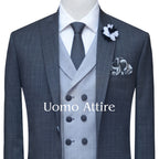 Pure Italian glen check contrast bespoke 3 piece suit for men with double breasted fabric buttons vest