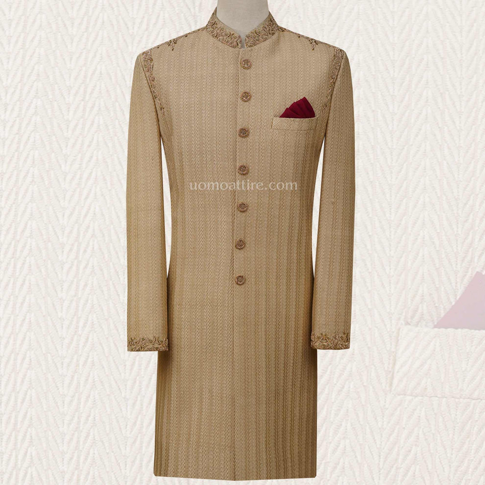 
                  
                    Fully embroidered with embellishment golden sherwani, golden sherwani for groom 2
                  
                