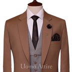 golden three piece suit with mini check single breasted vest