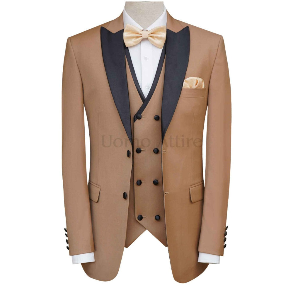 Custom made slim fit golden tuxedo 3 piece suit, golden tuxedo suit, peak lapel tuxedo suit, golden tuxedo with double breasted vest
