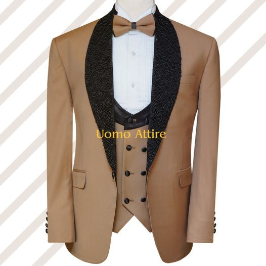 Custom-made wedding tuxedo three piece suit with embellished shawl, golden tuxedo suit with embellished shawl and shawl lapel double-breasted vest