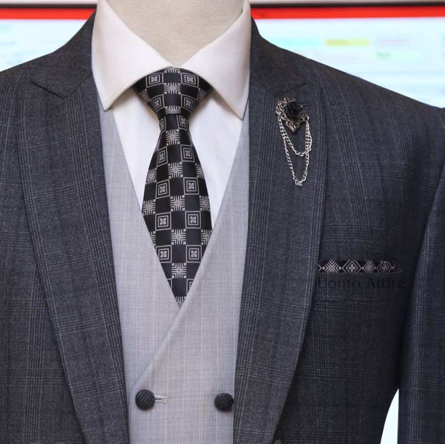 Charcoal grey glen check slim fit three piece suit with double breasted vest