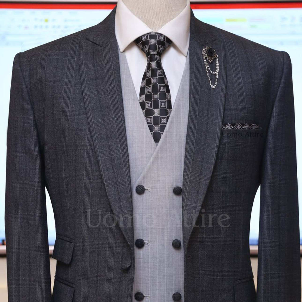 Charcoal grey glen check slim fit three piece suit with double breasted vest