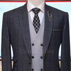 Charcoal grey glen check slim fit three piece suit with double breasted vest