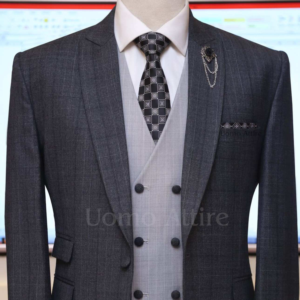 Charcoal grey glen check slim fit three piece suit with double breasted vest