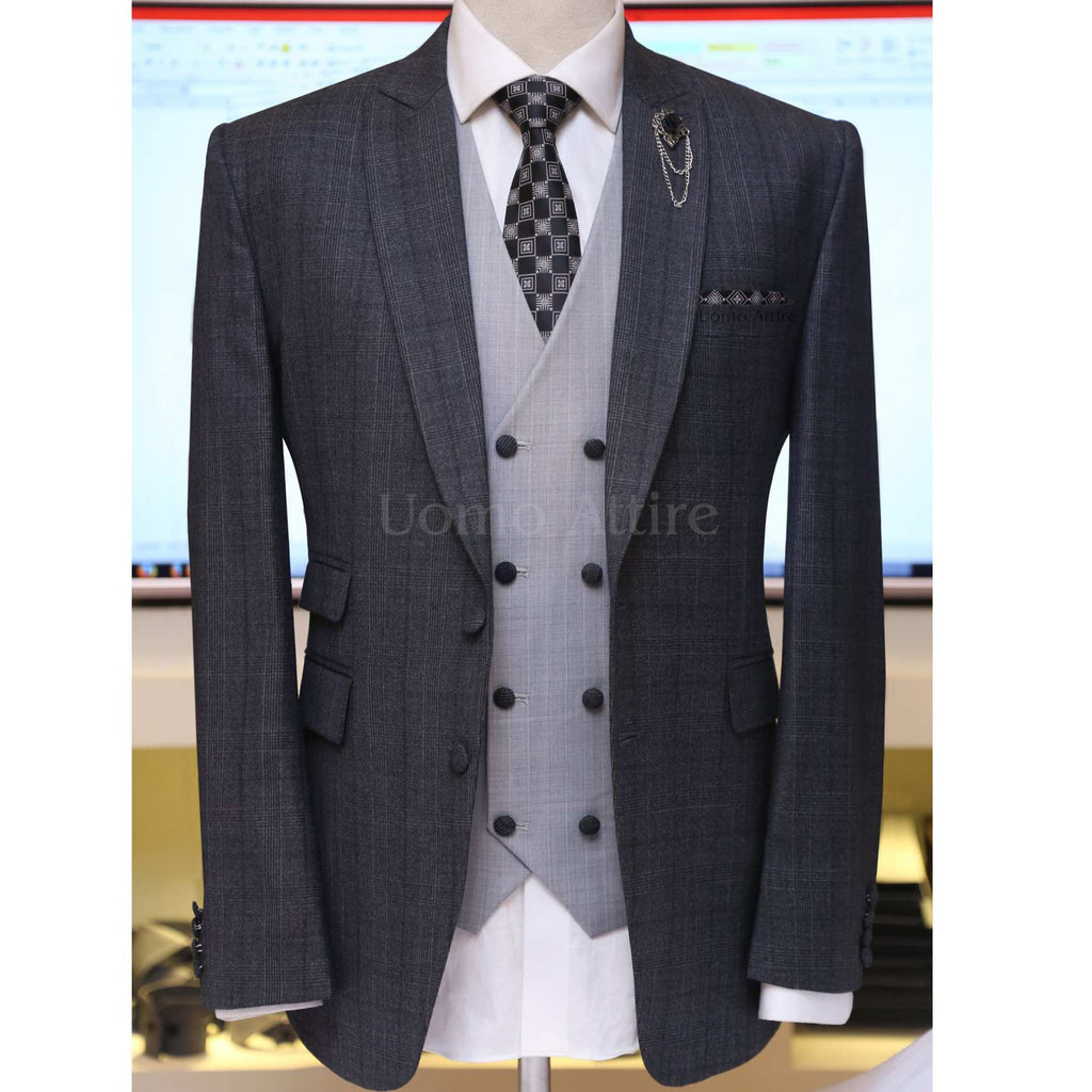 Charcoal grey glen check slim fit three piece suit