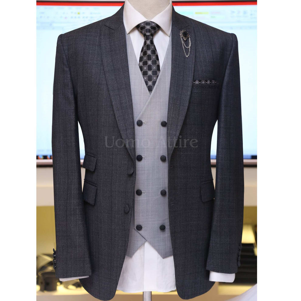 Charcoal grey glen check slim fit three piece suit